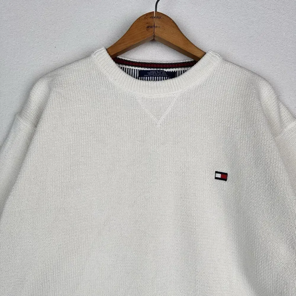 Vintage Tommy Hilfiger Men's Knit Cotton Crewneck Sweater Large White - Picture 4 of 9